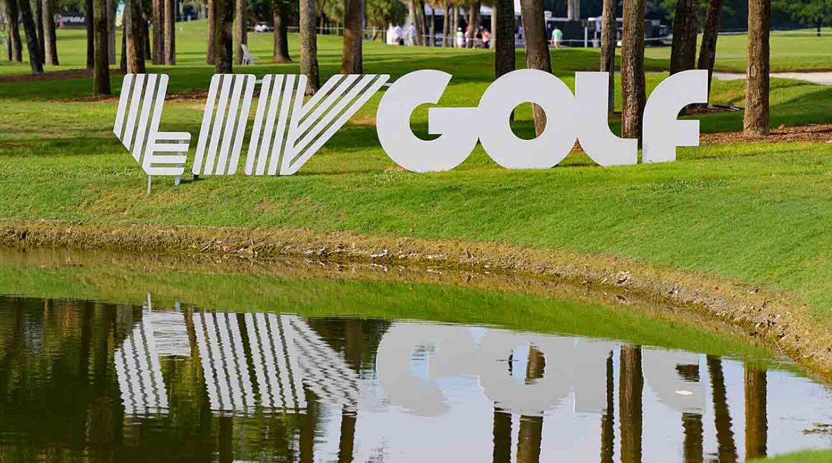 Signage during day three of the LIV Golf Invitational Miami on Oct. 22, 2023, at Trump National Doral Miami in Doral, Fla.